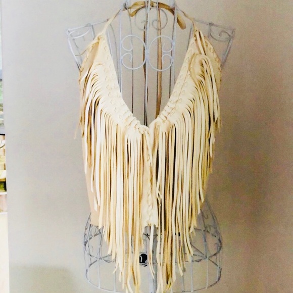 Vintage Tops - Fringe Leather Halter hippie boho vintage 70’s top